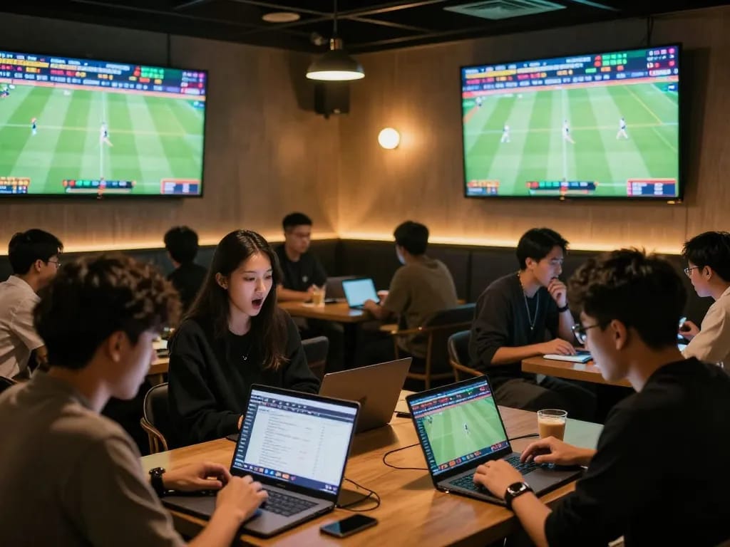 Engaged fans analyzing kèo nhà cái during live sports betting in a vibrant lounge atmosphere.