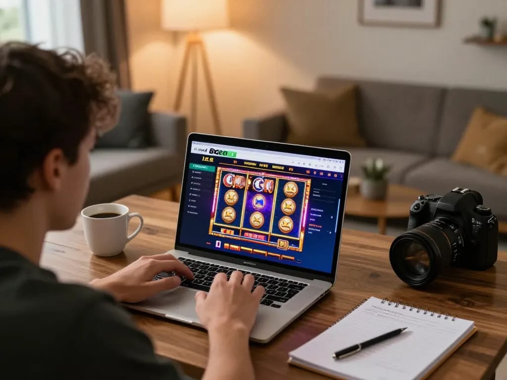 Player engaging with 8xbet online casino on laptop, showcasing strategic gameplay and vibrant interface.