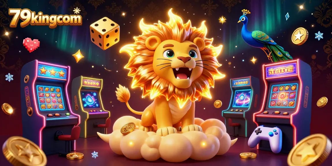 Engage with the vibrant universe of 79kingcom, featuring a roaring sun lion and golden dice amidst gaming excitement.