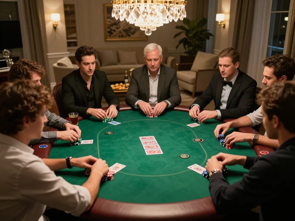 Engaged players at a rokok88 private poker game, showcasing a sophisticated and friendly atmosphere.