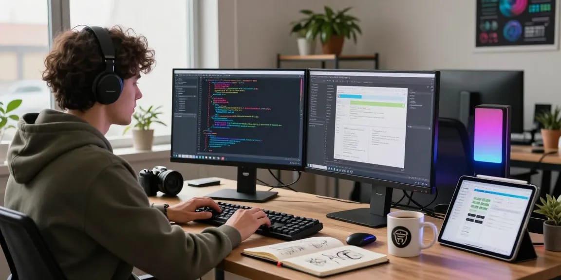 A productive workspace highlighting Snipaste官网 features with a developer coding on dual monitors and creative tools.