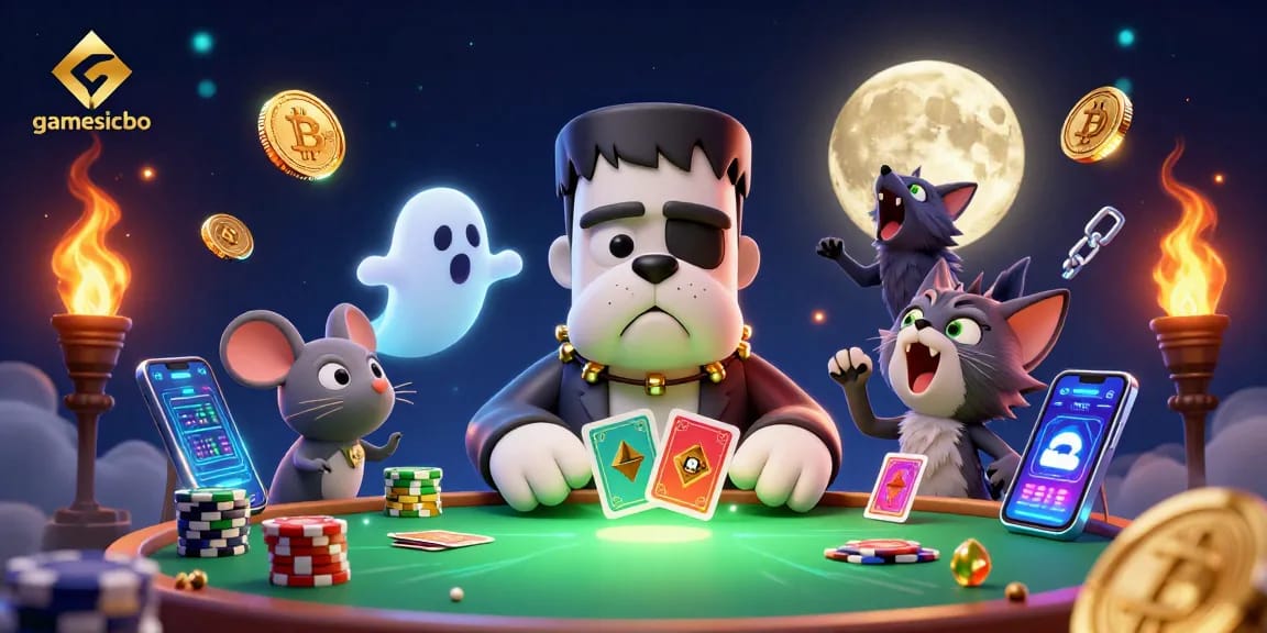 Engage with gamesicbo as the Frankenstein bulldog monster deals cards at a spooky casino table, surrounded by crypto elements.