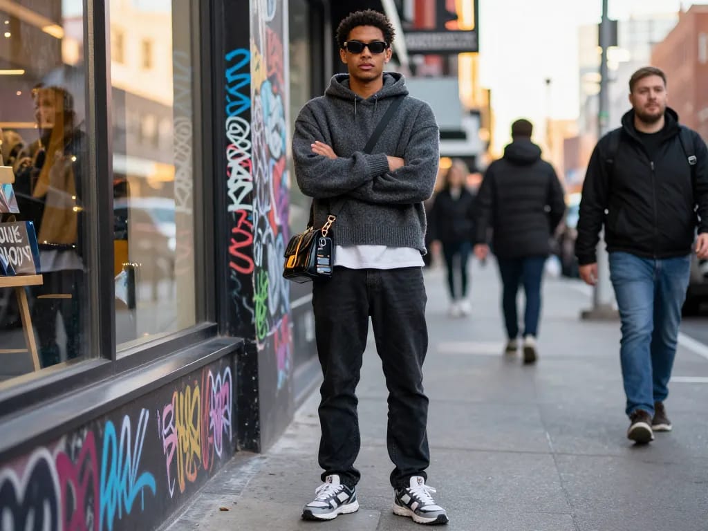 Stylish individual in a charcoal wool blend jumper and crop hoodie near revelcollective.myshopify.com storefront, showcasing urban fashion trends.