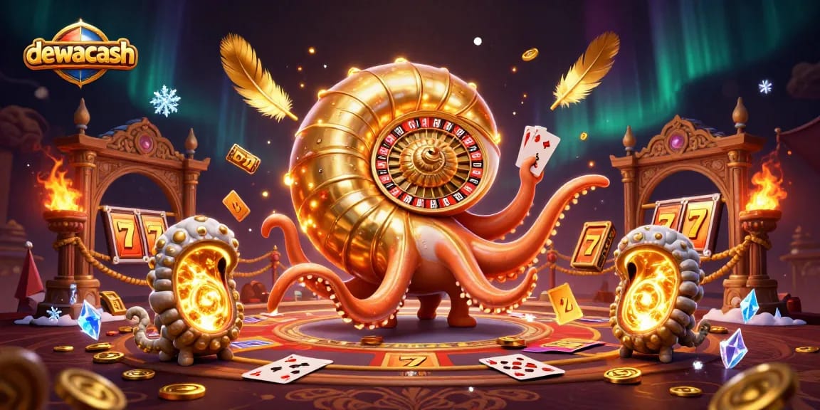 Dewacash interactive gaming scene with nautilus roulette and slot action, embracing the thrill