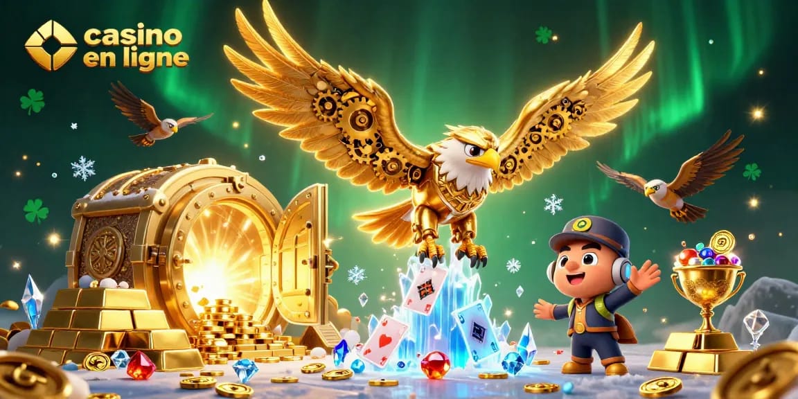Jouez sur un casino en ligne avec un aigle doré et des cartes holographiques dans un décor scintillant.