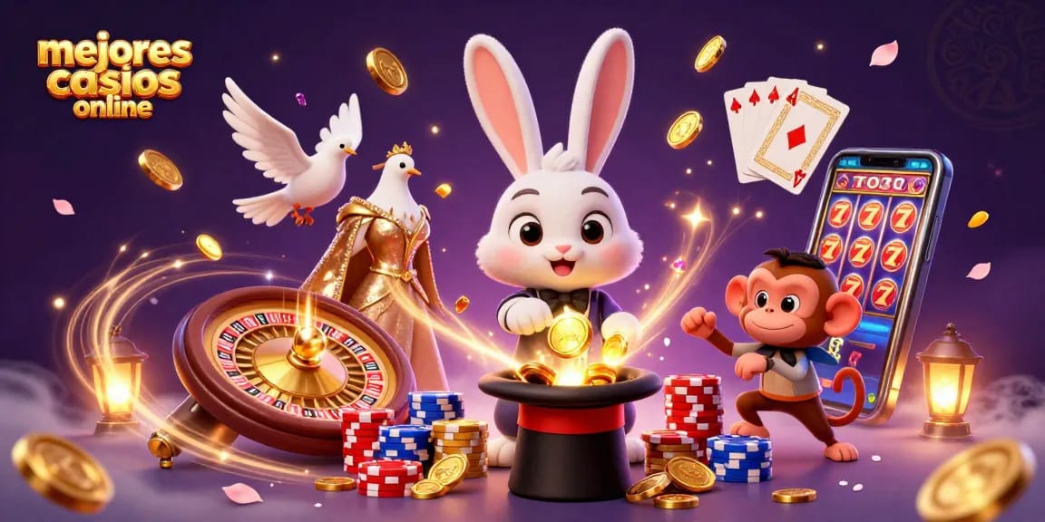 Experimenta los mejores casinos online mientras un conejo mágico hace aparecer monedas doradas.