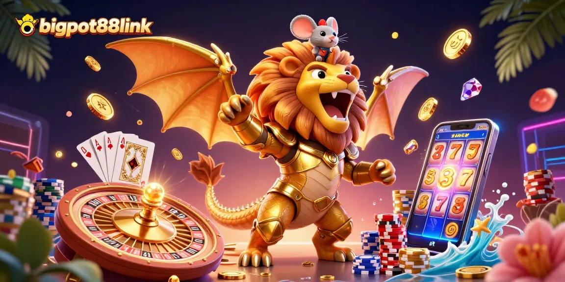 Experience thrilling gaming with bigpot88link featuring a chimera creature and vibrant casino elements.