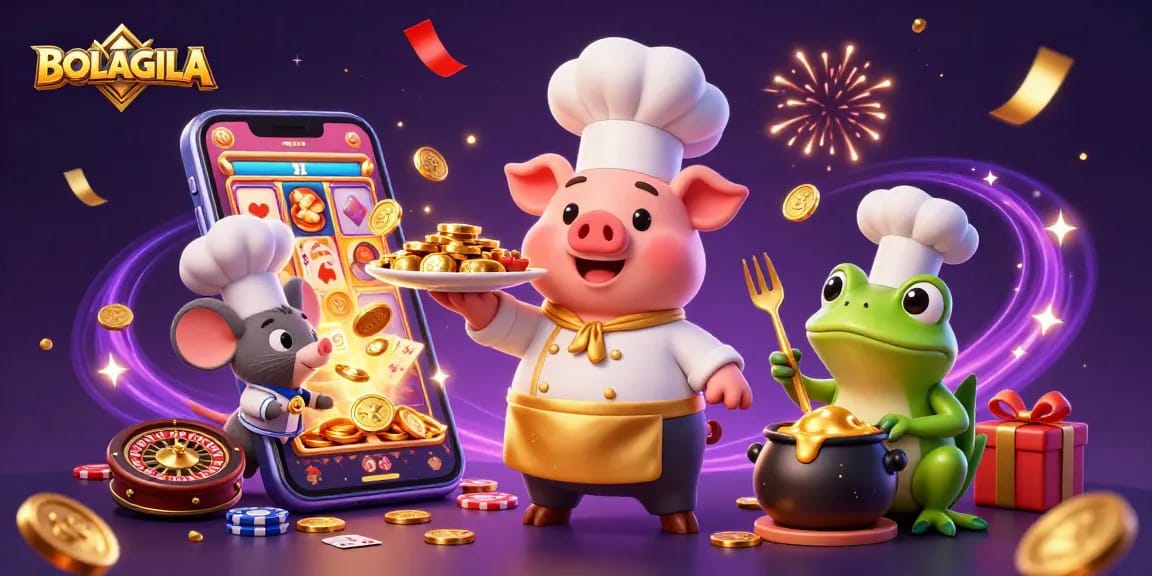 BOLAGILA chef pig serves gold coins amid confetti and dynamic gambling elements