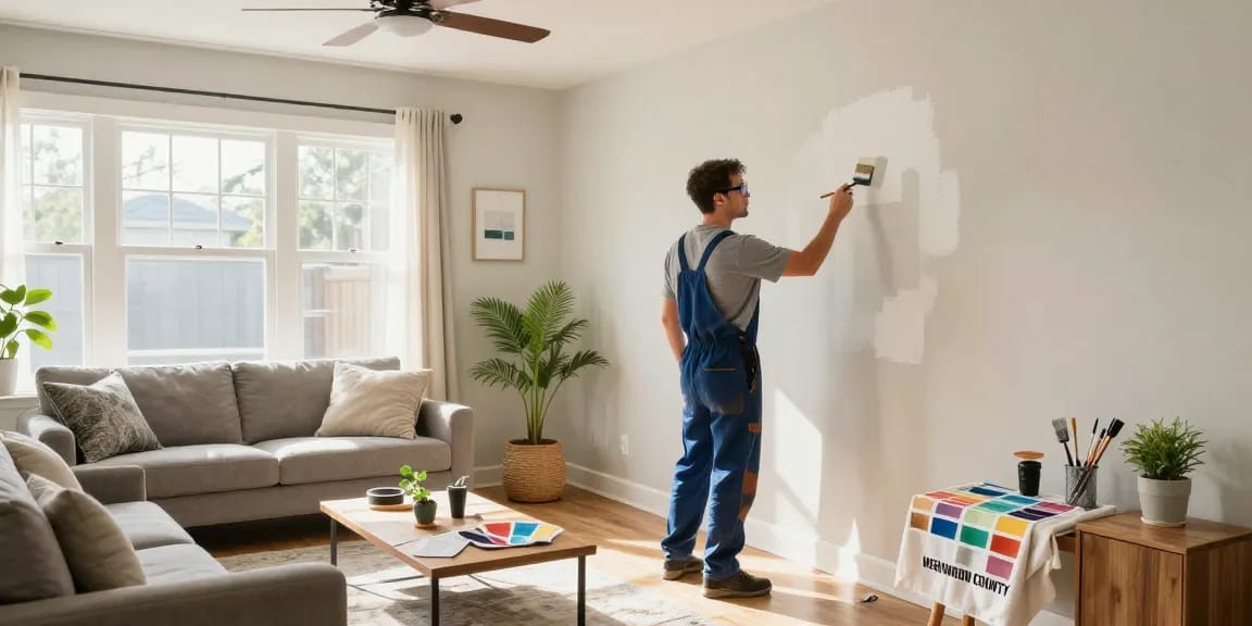 Painters in Washington County OR transforming a living room with a fresh coat of paint, showcasing craftsmanship and care.