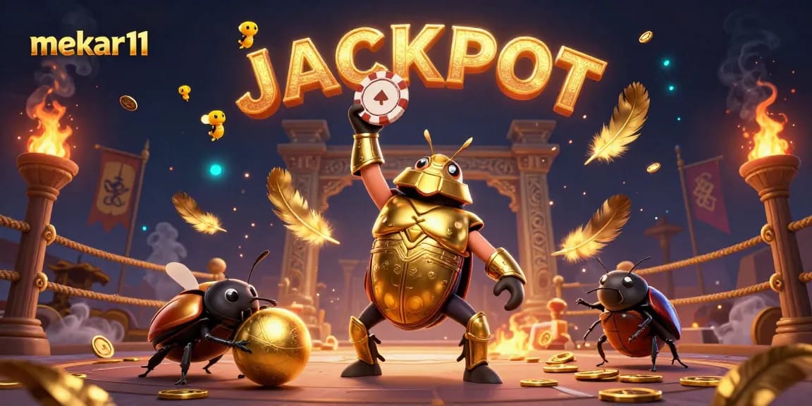 Mekar11 elevates excitement with a 3D beetle-themed casino scene showcasing victory in gaming.