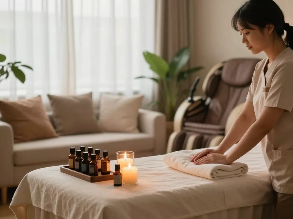 Relaxing 출장안마 therapy space featuring massage table, aromatherapy oils, and soft lighting.