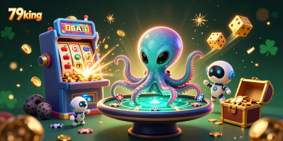 Bet big with 79king — a thrilling alien octopus at a holographic poker table amidst vivid gambling elements.