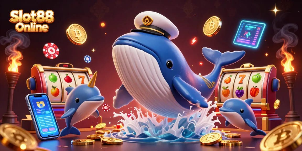 Putar untuk menang dengan Slot88 Online yang menampilkan ikan paus, lumba-lumba, dan gulungan slot berwarna-warni.