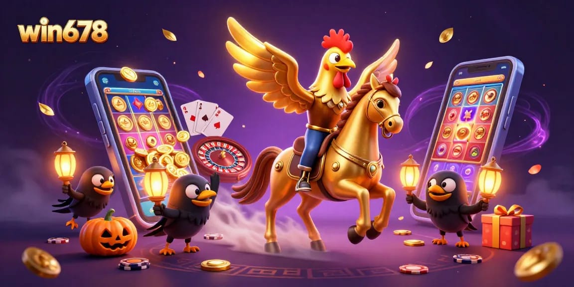 Engage in thrilling adventures with win678 as the golden rooster navigates a vibrant casino.
