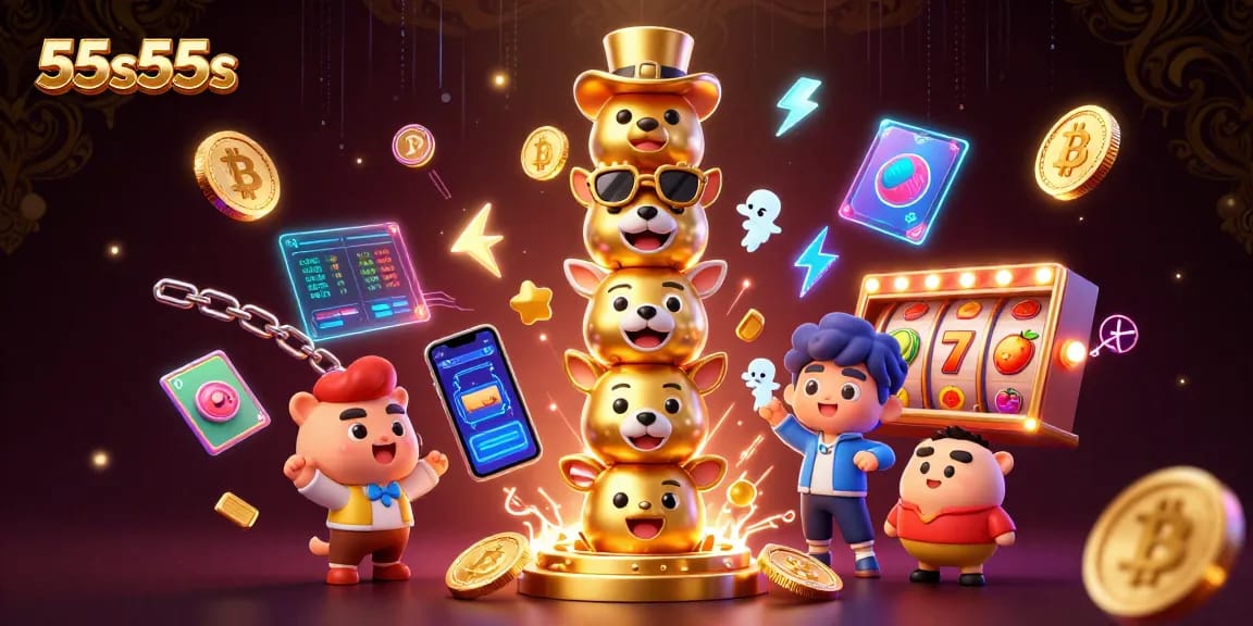 Engage with 55s55s through vibrant slots and crypto elements in an energetic casino scene.