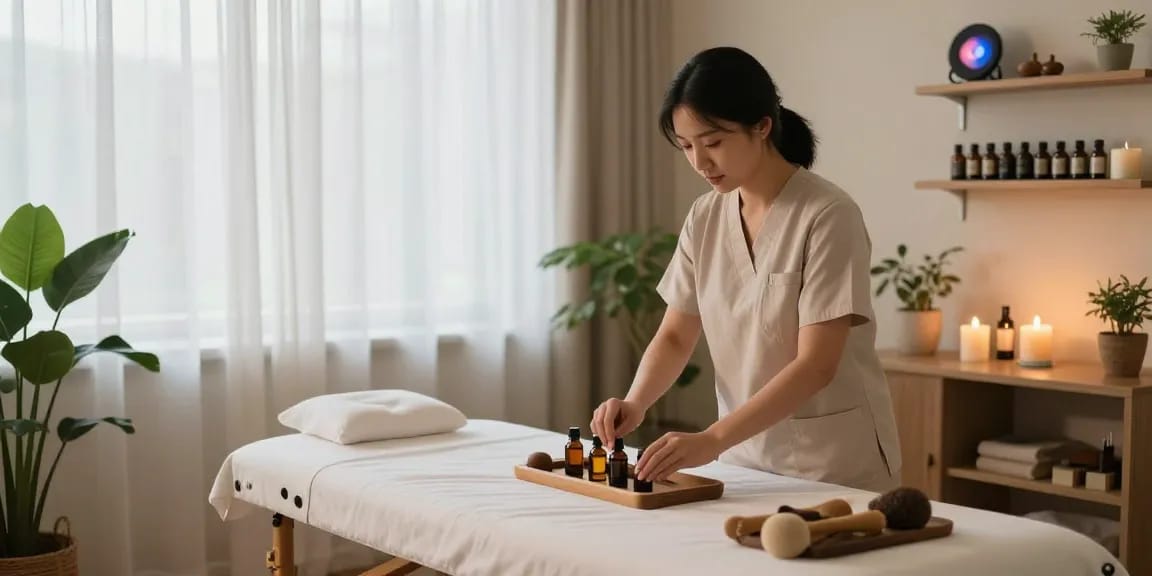 부산마사지 전문샵에서 안정감을 주는 환경 속 마사지 준비 모습