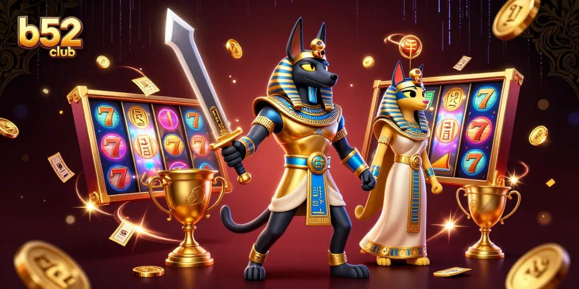 Bettors spin slots winning big at b52club with Anubis and Bastet amidst gold coins and vibrant elements.