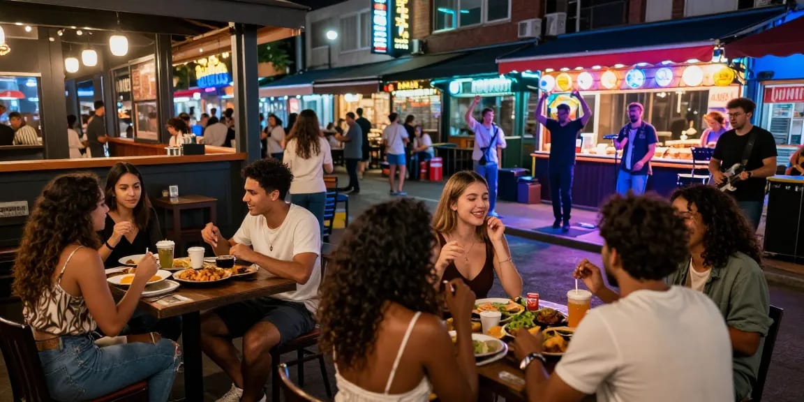 Friends enjoying the nightlife at a lively 유흥사이트, showcasing dining, dancing, and entertainment in a vibrant urban setting.