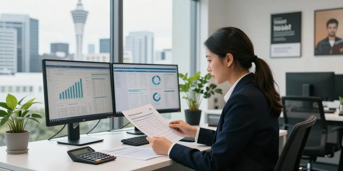 Rental property tax accountant reviewing financial documents in modern Auckland office.