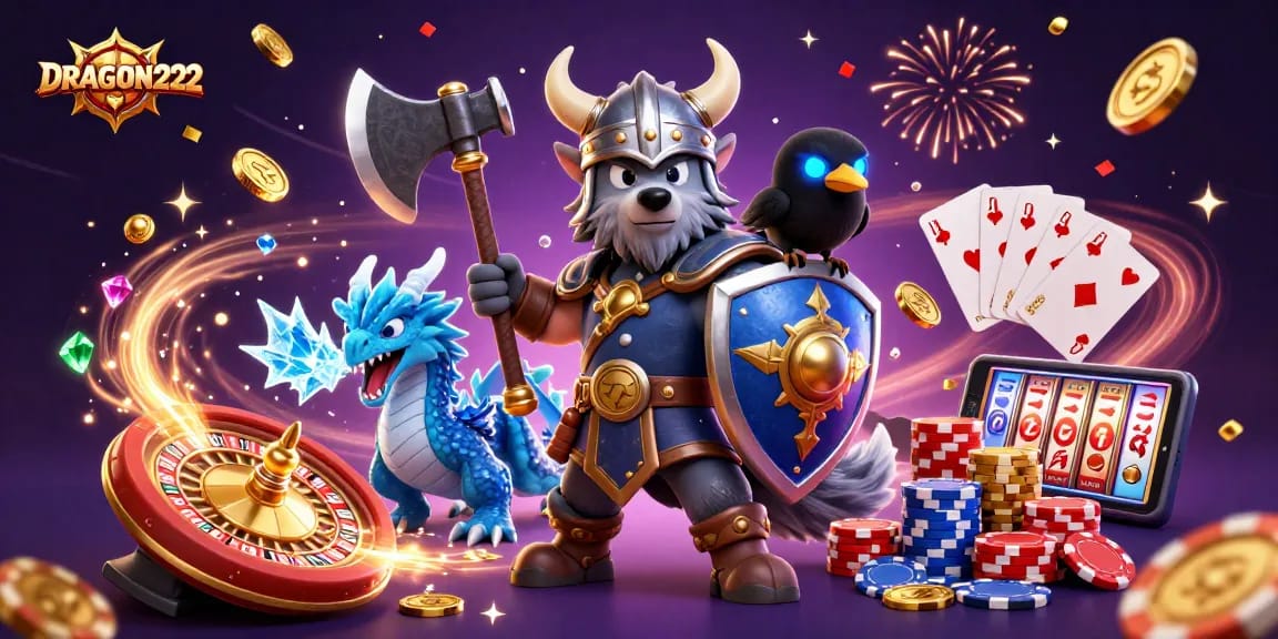 Win exciting rewards with DRAGON222, featuring a Viking wolf warrior and magical dragon in a vibrant casino scene.