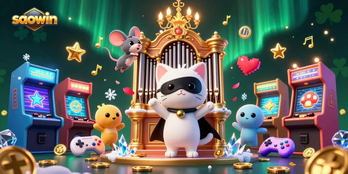 Experience exciting gameplay with a colorful saowin-themed casino scene featuring vibrant characters and game elements.