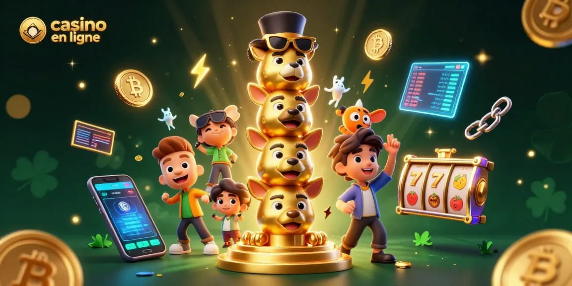 Illustration 3D d'un totem doré entouré de jeux de casino en ligne, pièces de crypto-monnaie et lumières scintillantes.