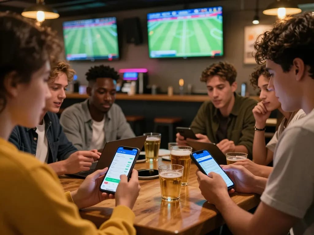 Person engaging in sports betting on nhandinhkeonhacai app, surrounded by friends, live football matches in background.