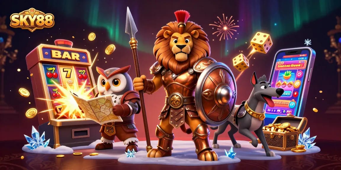 Engage with SKY88 in a vibrant 3D casino scene featuring epic characters and exciting gaming elements.