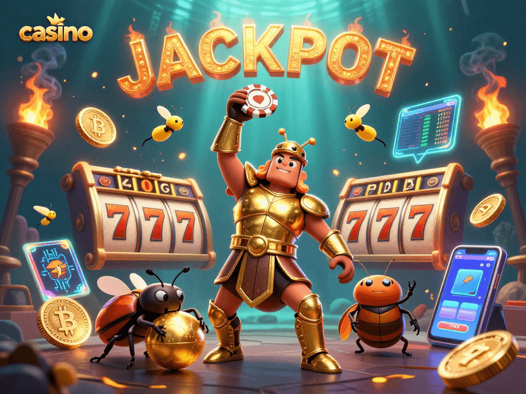Engage in a thrilling casino experience with the hercules beetle celebrating a jackpot.