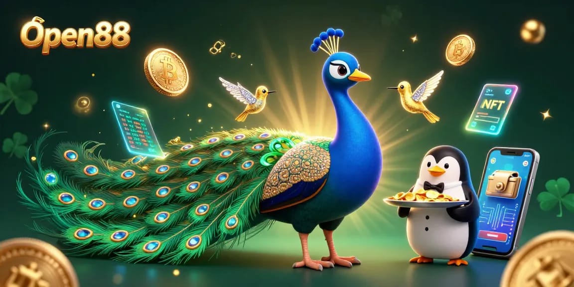 Open88 players win with a vibrant 3D casino scene featuring a glamorous peacock and glowing cryptocurrencies.