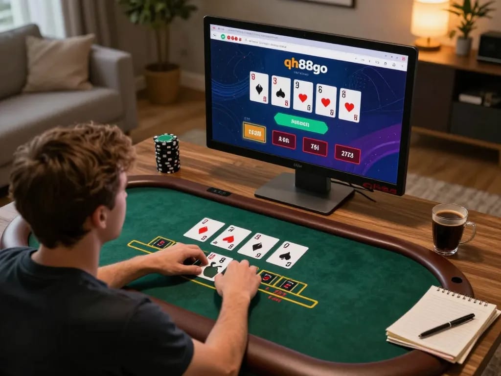 Player focused on a live dealer blackjack game on qh88go, showcasing an engaging online gambling experience.