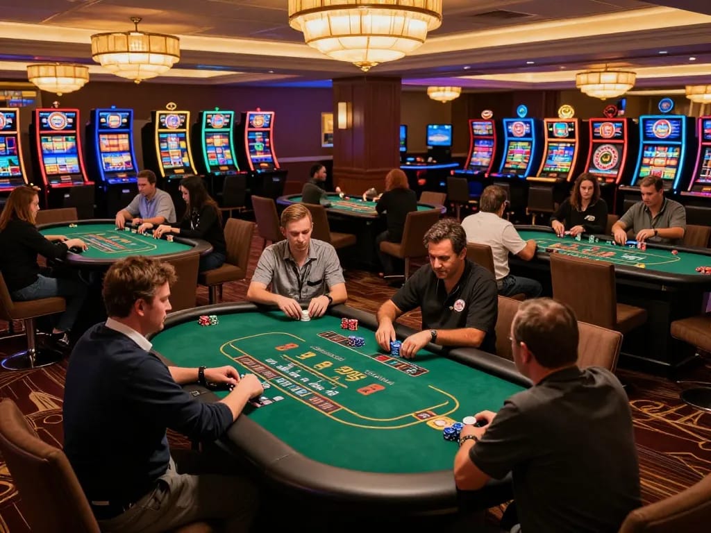 Experience the excitement of poker at okwin casino with players betting chips at vibrant tables.