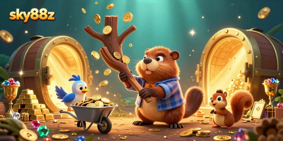 Experience thrilling gameplay at sky88z with a vibrant scene of a lumberjack beaver and treasures.
