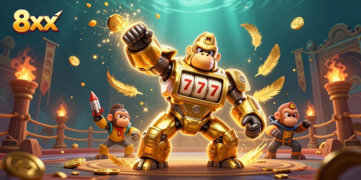 Engage with 8xx's thrilling slots featuring a golden gorilla mech and exciting coins burst.