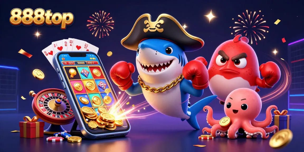 Engage in thrilling slot games at 888top with a vibrant casino-themed scene featuring unique characters.