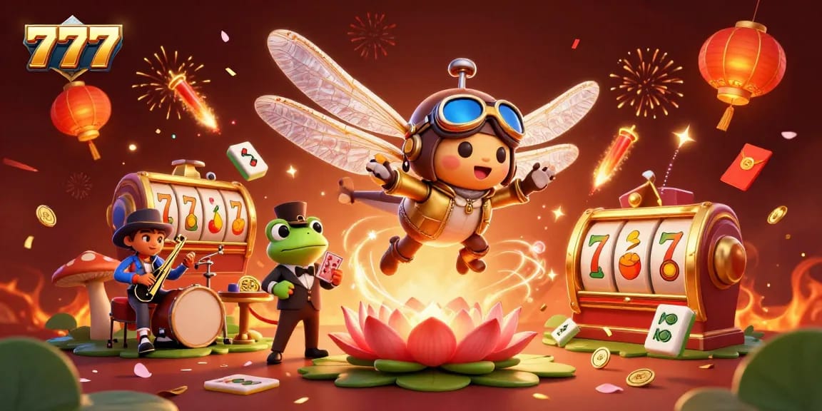 Experience thrilling 777 jackpots in this vibrant 3D casino scene with floating mahjong tiles and a dragonfly pilot.