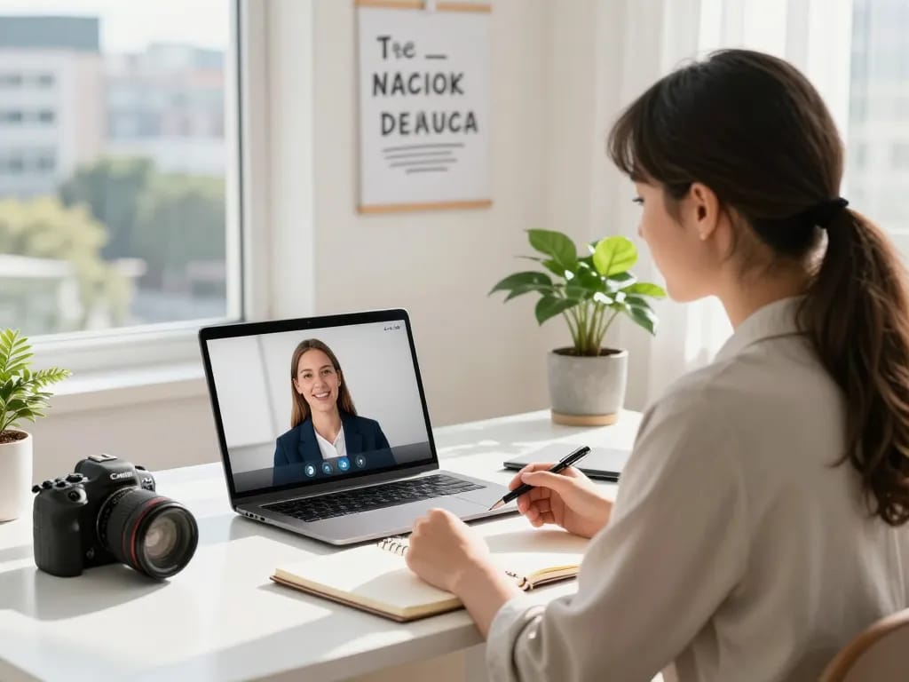 Job seeker practicing with ai interview assistant in a mock interview setup.