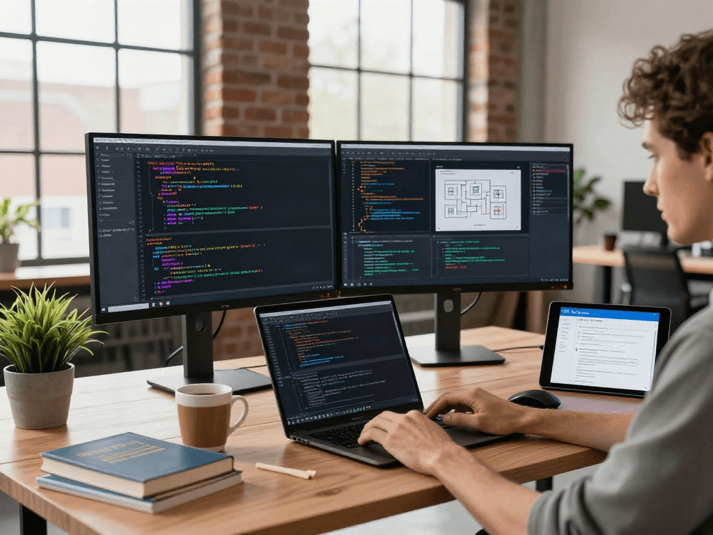Software developer coding at a modern desk, showcasing bro138 productivity techniques in a bright workspace.