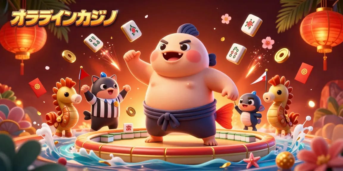 オンラインカジノでスロットを楽しむ場面を描いたイラスト、ふぐの力士と老猫魚が主役