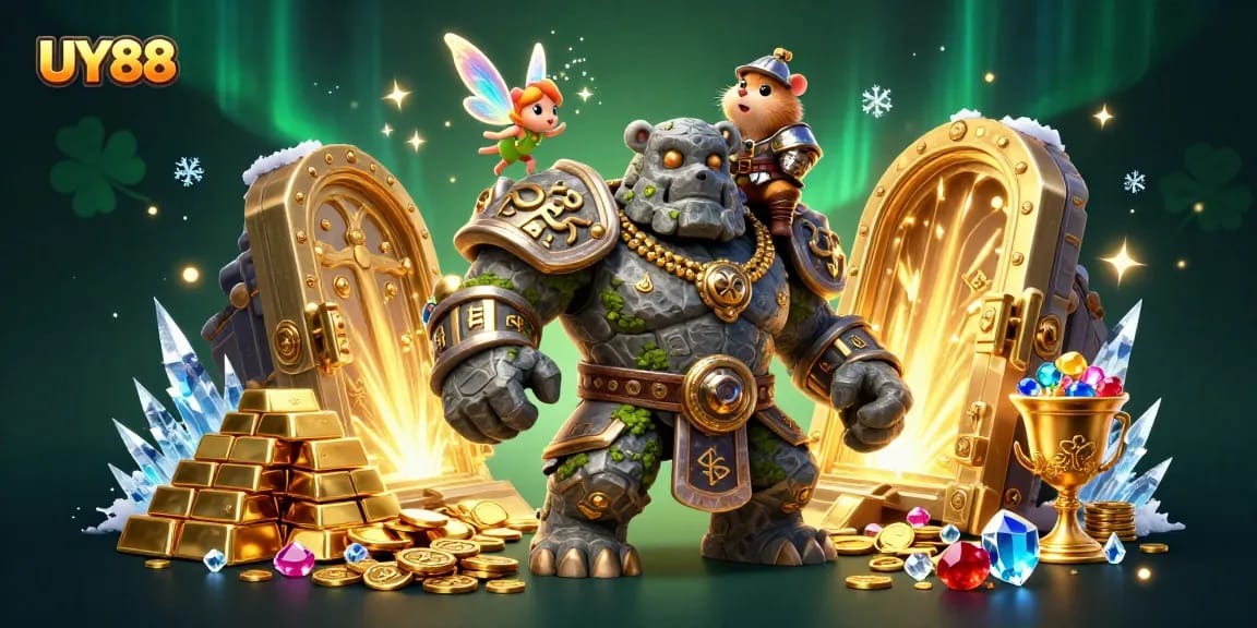 Engage with UY88 through vibrant illustration featuring a magical scene of a golem and companions in a dynamic casino atmosphere.