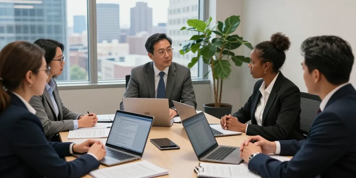 Philadelphia Employment Lawyer discussing legal strategies with clients in a modern office