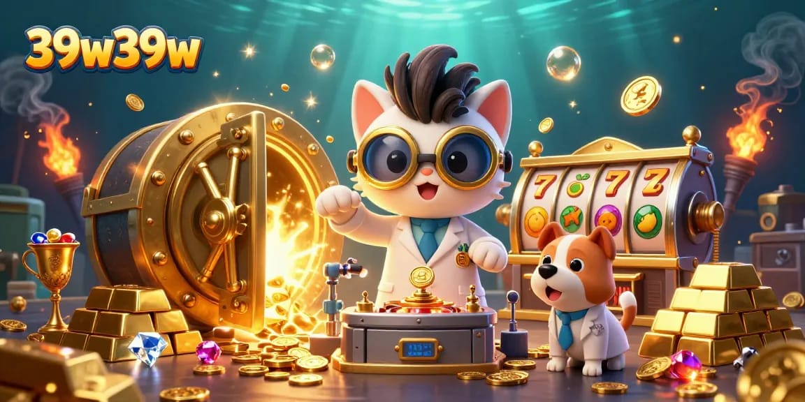 39w39w promotes thrilling gameplay with a cartoon scientist and dog amid slot reels and golden treasures.