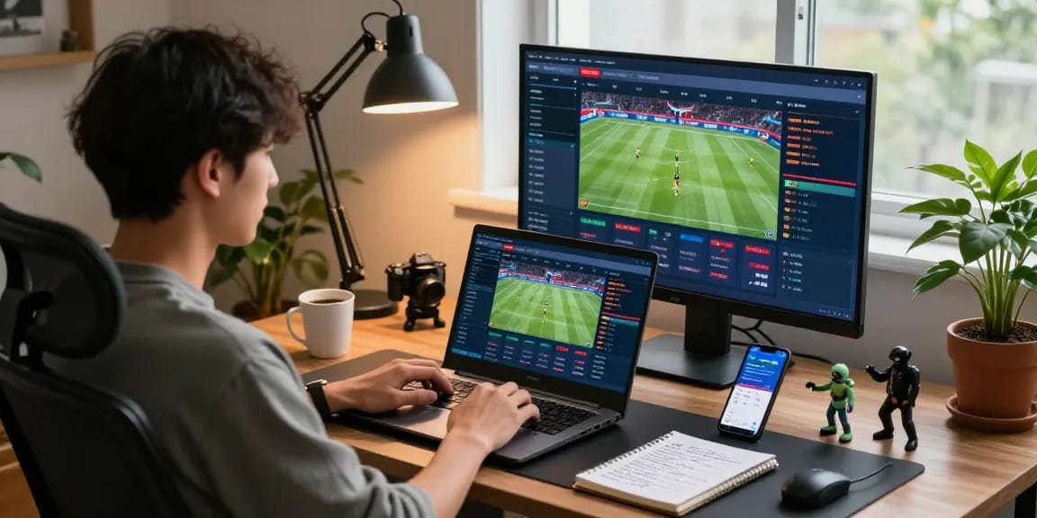 Engaging online betting setup showing 토토사이트 strategies with laptop and sports event displays.