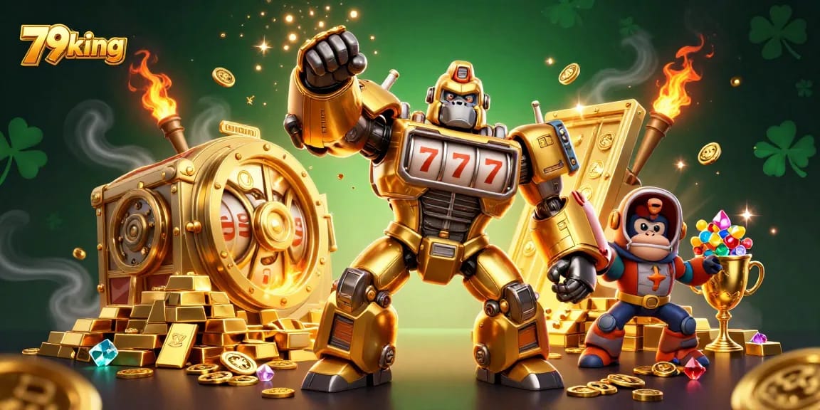 Winning big with the 79king golden gorilla mech in a vibrant casino scene.