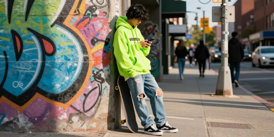 Discover trendy streetwear at Voghion, featuring a stylish individual in urban fashion against a vibrant backdrop.