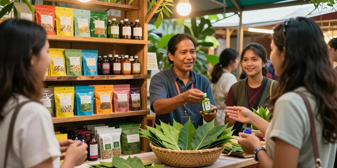 Kratom vendor engaging with customers in vibrant herbal marketplace.