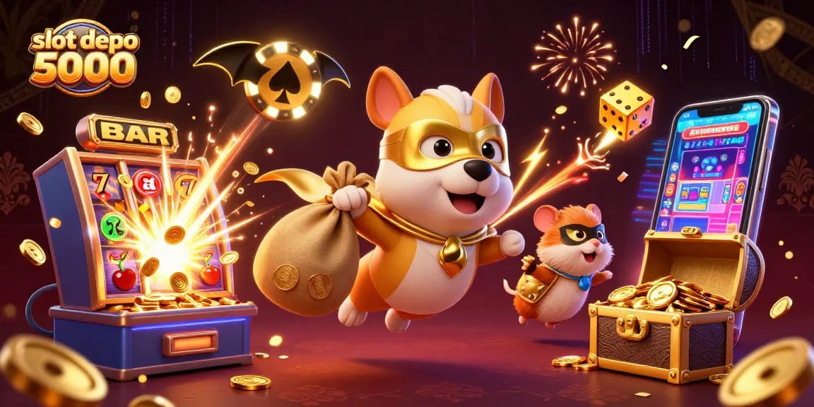 Experience the excitement of slot depo 5000 with a superhero dog flying, jackpot elements bursting around!