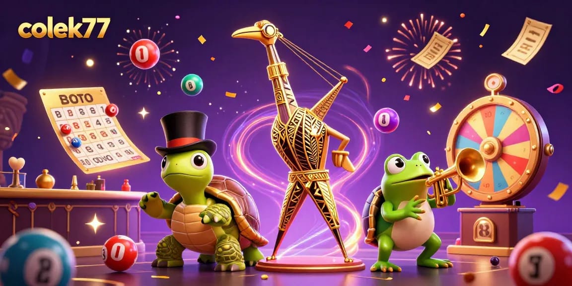 Engage in exciting gameplay at colek77, featuring vibrant bingo cards and lottery elements in an animated casino scene.