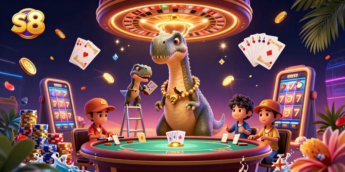 S8 players enjoying a vibrant 3D casino scene featuring a towering brontosaurus and dynamic gameplay elements.