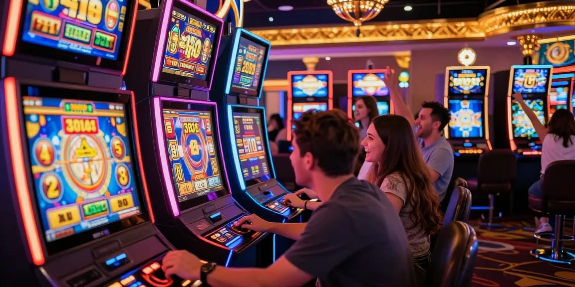 area permainan slot yang meriah dengan pemain bersemangat dan mesin slot yang berwarna-warni